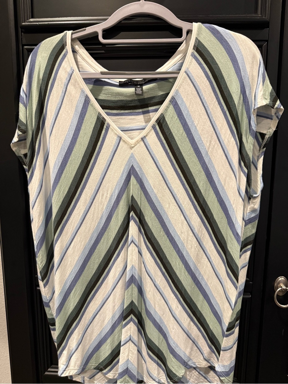 White House Black Market Striped V-Neck Tunic in Sage, Blue & White